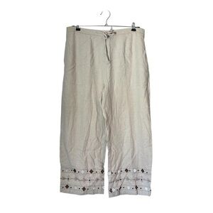 Sag Harbor Wide Leg Crop Pants Beige Linen Blend  Embroidered Hem size Medium